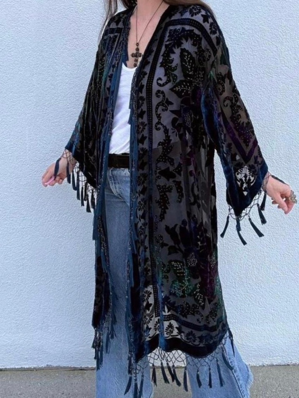 Insane Burnout Velvet Kimono! Chicos Silk Rayon Floral Fringe Kimono M/L